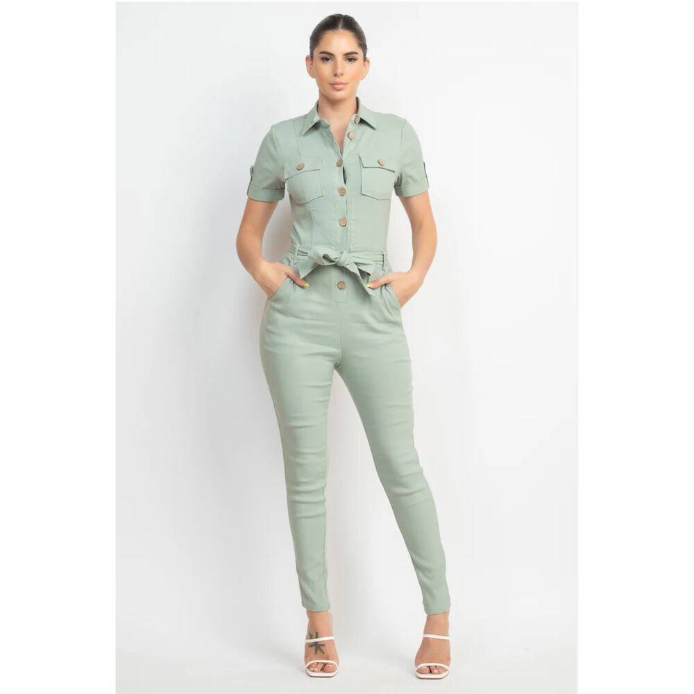 Haute Monde Women Button down Jumpsuit Sz. Lrg Mint Green NWT Collared waist Tie